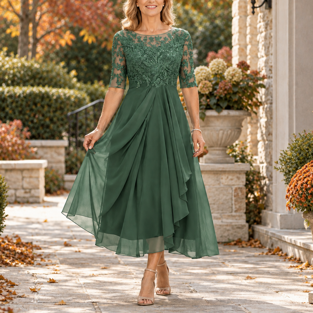 Avi | Abito Midi Drappeggiato con Corpino in Pizzo