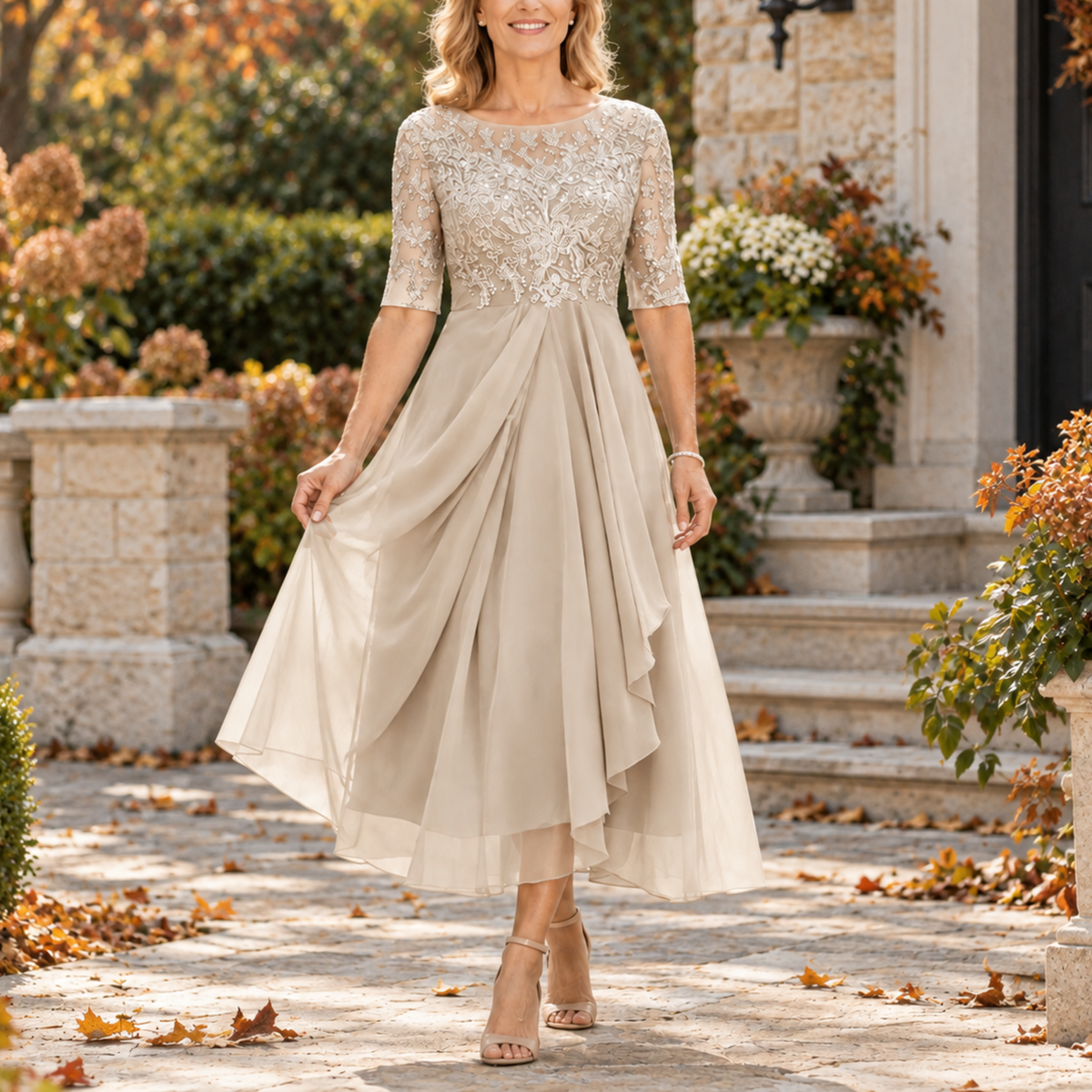 Avi | Abito Midi Drappeggiato con Corpino in Pizzo