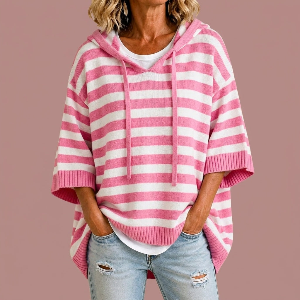 Loredana | Poncho a Maglia a Righe con Cappuccio