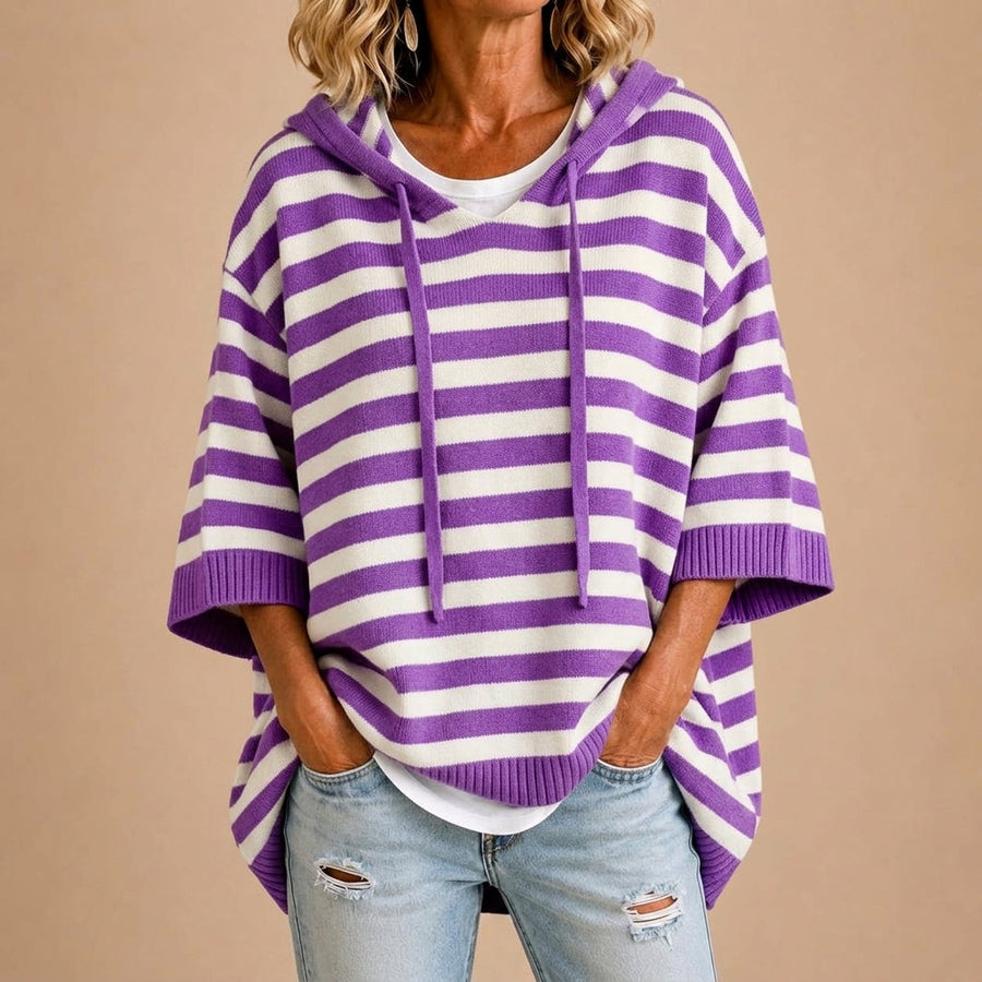 Loredana | Poncho a Maglia a Righe con Cappuccio