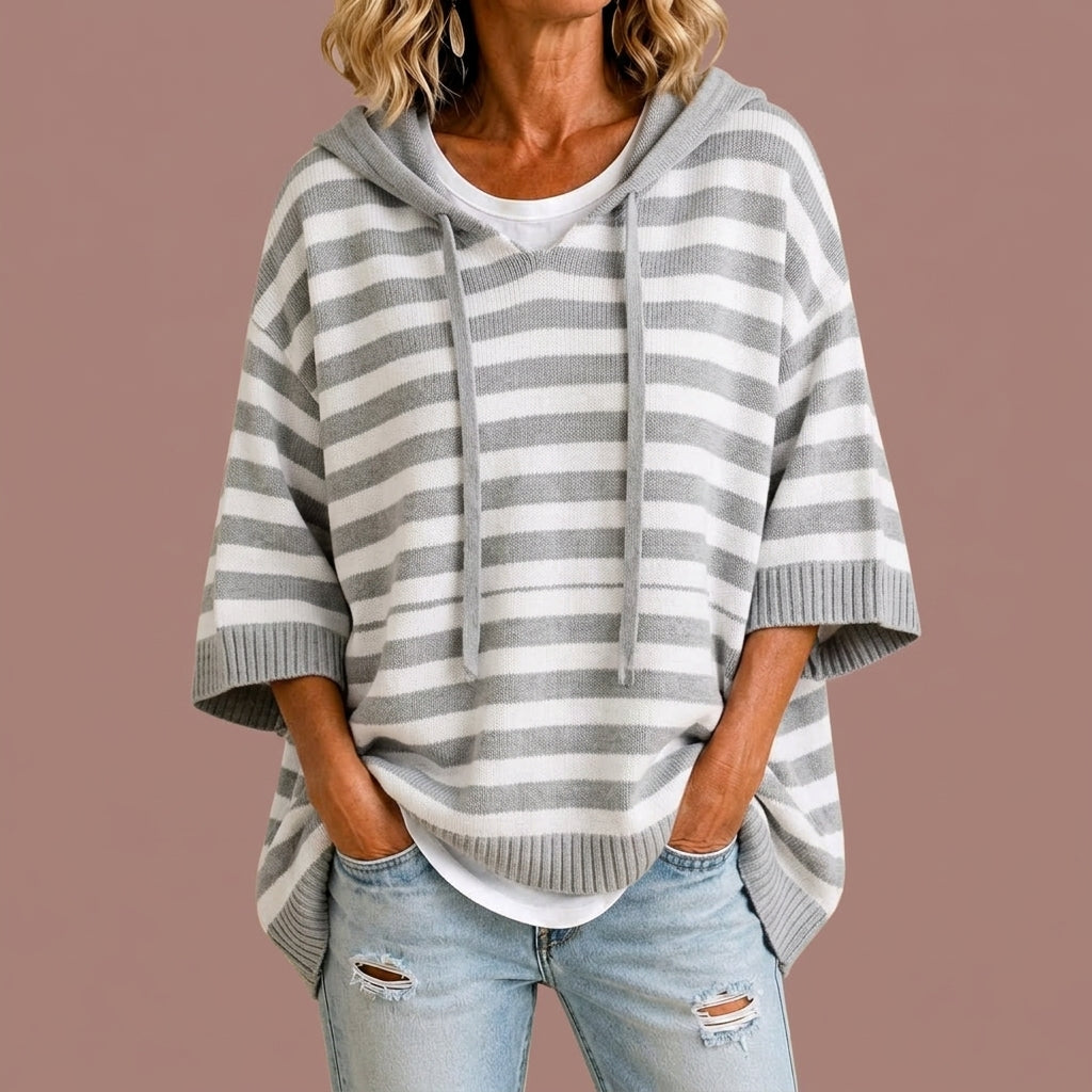 Loredana | Poncho a Maglia a Righe con Cappuccio