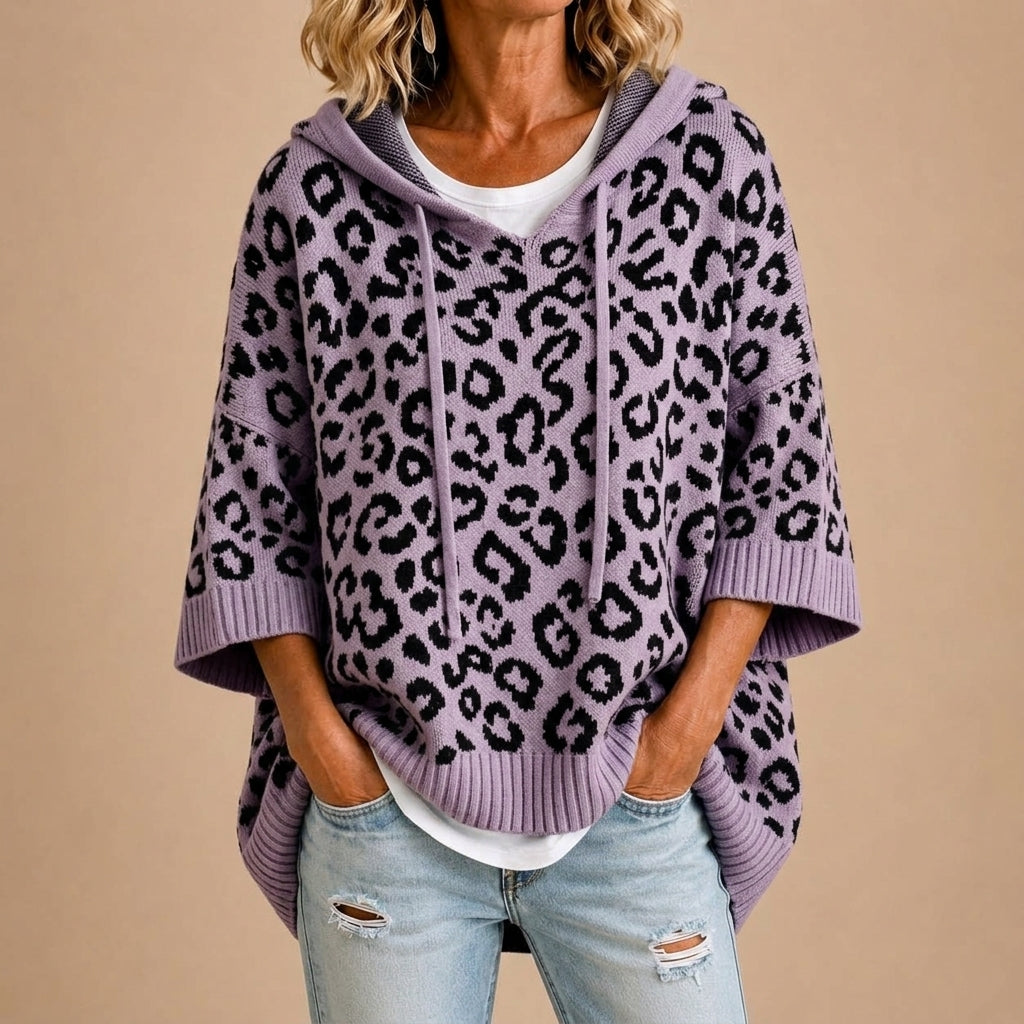 Gabriella | Poncho in Maglia con Stampa Animalier e Cappuccio