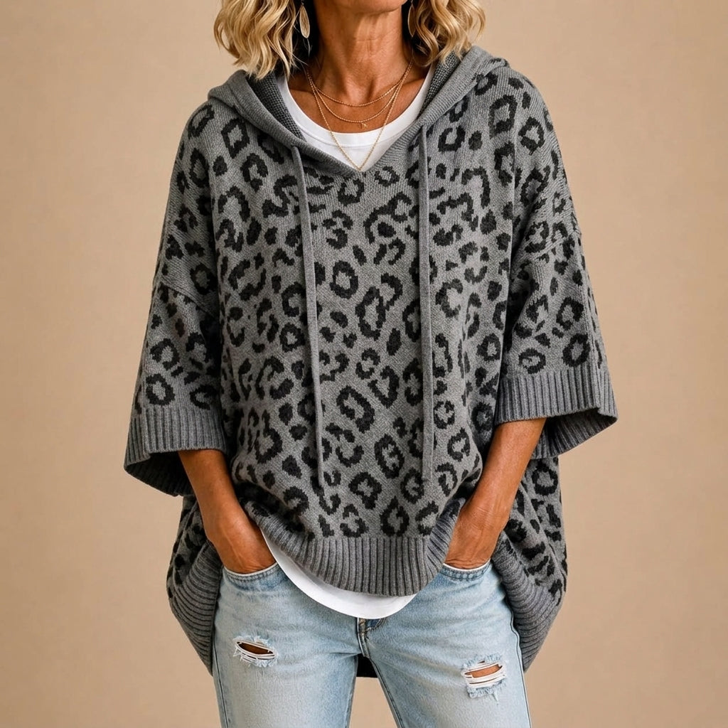 Gabriella | Poncho in Maglia con Stampa Animalier e Cappuccio