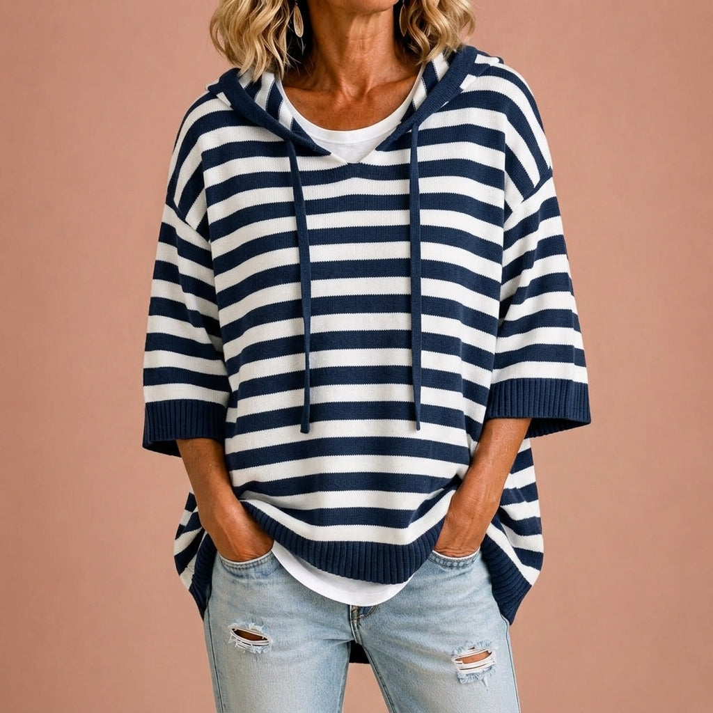 Loredana | Poncho a Maglia a Righe con Cappuccio