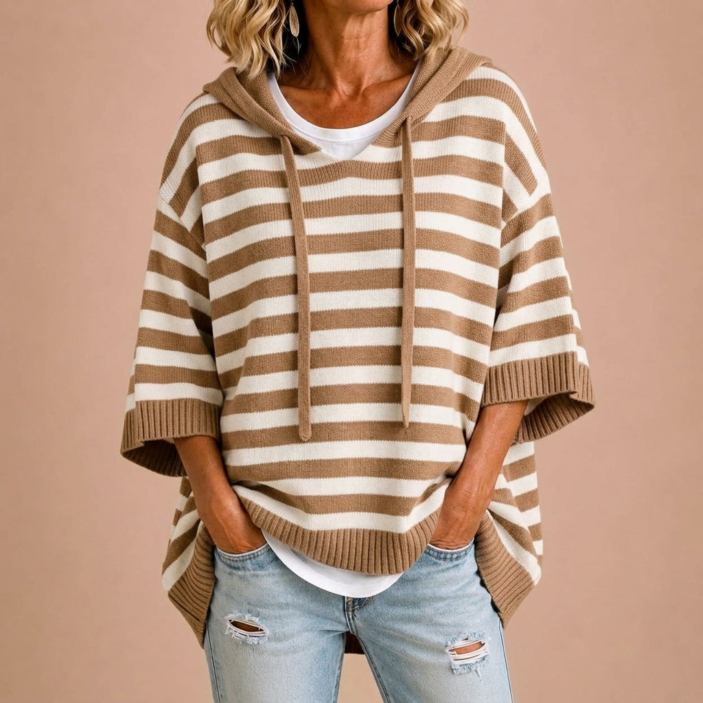 Loredana | Poncho a Maglia a Righe con Cappuccio