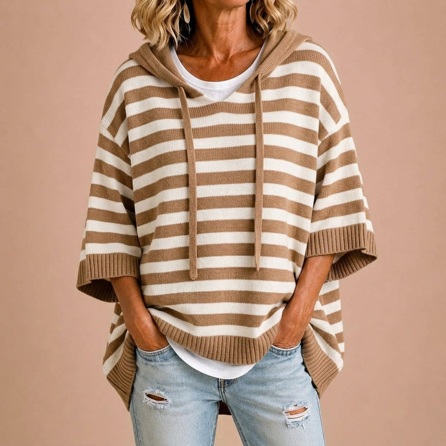 Loredana | Poncho a Maglia a Righe con Cappuccio