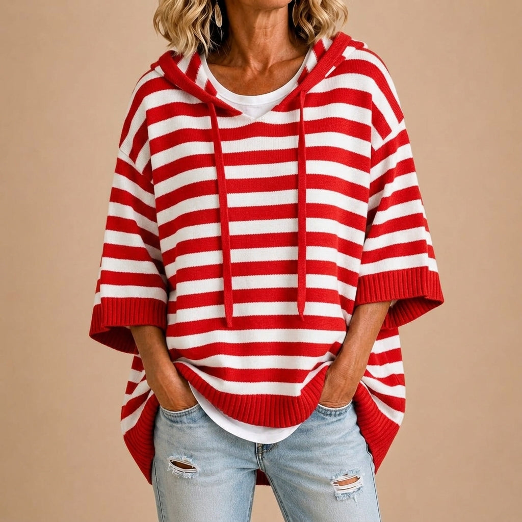 Loredana | Poncho a Maglia a Righe con Cappuccio