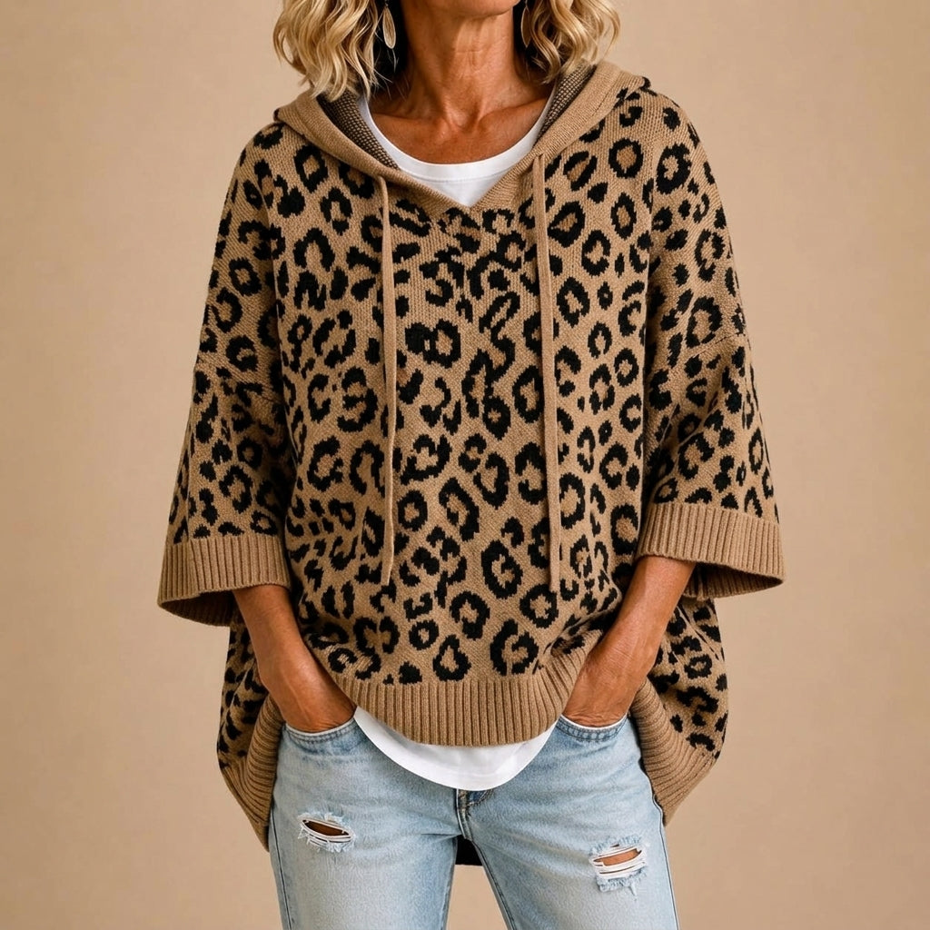 Gabriella | Poncho in Maglia con Stampa Animalier e Cappuccio