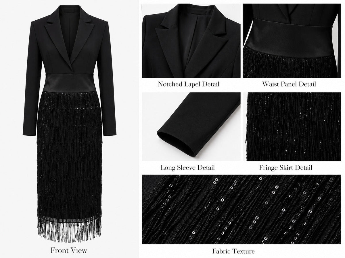 Graziana | Abito Midi Nero con Corpetto Sartoriale, Paillettes e Frange
