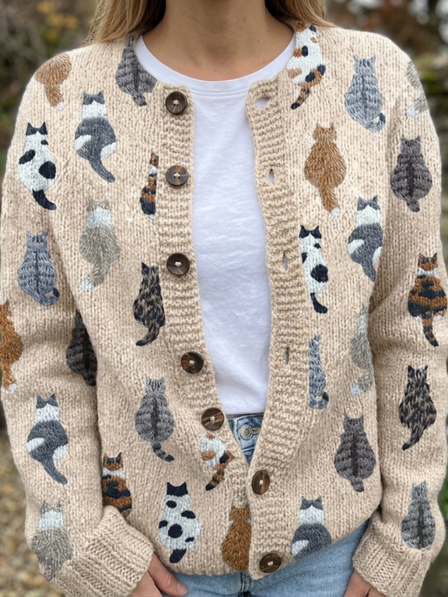 Marianne | Cardigan con Stampa di Gatti Accogliente